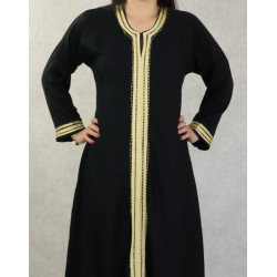 Robe Abaya Dubaï noire de qualité avec bande brodée dorée et strass