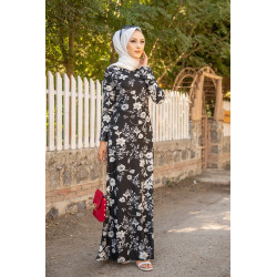 Long floral print dress (Hijab dresses cheap online Modest Fashion France) - Black Color