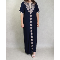 Robe d'intérieur brodée manches courtes avec perles - couleur Bleu nuit