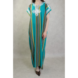 Robe Gandoura long, multicoloured Oriental-style stripes-Color Green Emerald