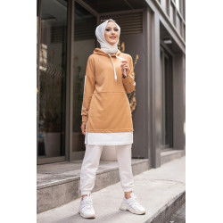 Tunique bicolore pour femme musulmane (Tenue hijab sport Turquie) - Couleur blanc et beige