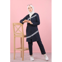 Ensemble survêtement islamique à capuche et bandes blanches pour femme voilée - Couleur...