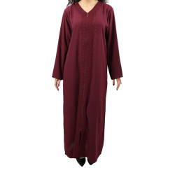 Robe / Abaya Longue à ouverture zip avec broderies et strass pour femme - Couleur Prune