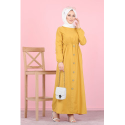 Robe longue boutonnée (Vetement mastour pour femme voilée) - Couleur jaune moutarde