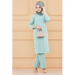 Ensemble tunique à boutons et pantalon assorti pour femme (Tenue hijab classique) -...