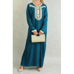 Robe orientale maghrébine longue brodée et perlée pour femme - Couleur bleu Prusse