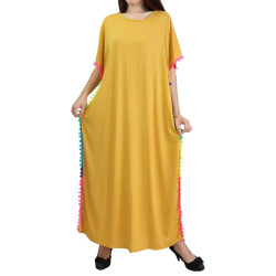 Eastern Robe with Multicoloured pompons on women's sides-Color Yellow Mustard