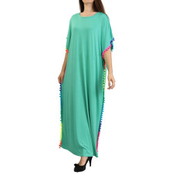 Robe orientale à pompons multicolores sur les côtés pour femme - Couleur Vert amande