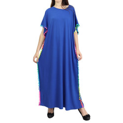 Robe orientale à pompons multicolores sur les côtés pour femme - Couleur Bleu Roi