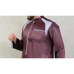 Qamis moderne de luxe brillant pour homme - Couleur aubergine et gris clair
