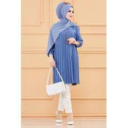 Tunique plissée style habillé pour femme (Vêtement élégant pour hijab) - Couleur bleu...