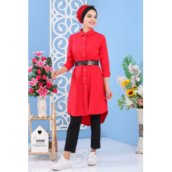Tunique chemise longue décoration boutons pour femme - Couleur rouge
