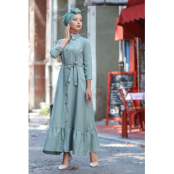 Robe longue de ville boutonnée avec ceinture pour femme - Couleur vert amande (Vetement...