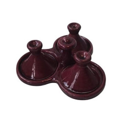 Tajine triple décoratif marocain en poterie de couleur rouge brique émaillé