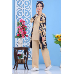 Ensemble 2 pièces tunique effet gilet cousu + pantalon de couleur beige et marine