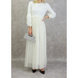 Robe de soirée en tulle et dentelle brodée longue pour femme - Couleur blanche
