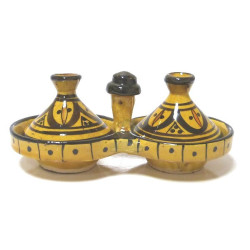 Tajine double décoratif marocain en poterie de couleur jaune émaillé décoré de motifs...