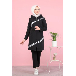 Ensemble survêtement Hijab à capuche et bande blanche pour femme voilée - Couleur noir