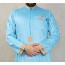 Qamis satiné moderne de luxe pour homme - Couleur bleu ciel et beige