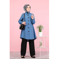 Slightly shiny loose fluid mid-length shirt (Veiled Woman 2021) - Blue Color