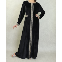 Robe longue en velours brodée fermeture zip pour femme (Automne/Hiver) - Couleur Noir