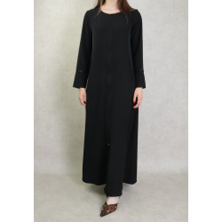 Robe abaya manches longues avec brodée noire et fermeture zip devant - Couleur Noir