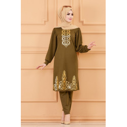 Ensemble deux pièces pour gemme : tunique à motif doré et pantalon (Tenue hijab) -...