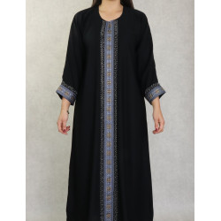 Robe Abaya Dubaï noire de qualité avec bande brodée et strass et perles argentées
