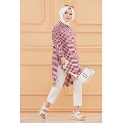 Chemise ample à carreaux (Vêtement Hijab pour femme) - Couleur bordeaux