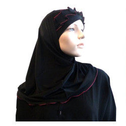 Hijab 2 pièces (bonnet tube) noir avec ruban froncé bordeaux
