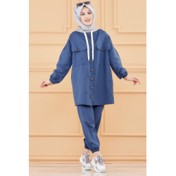 Ensemble casual veste ample et pantalon pour femme (Modest Fashion) - Couleur bleu indigo