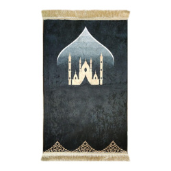 Tapis de prière de luxe anti-dérapant de couleur Noir avec motifs et franges dorés (70...