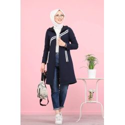 Veste sweat à capuche avec bandes pour jeune femme musulmane - Couleur bleu marine