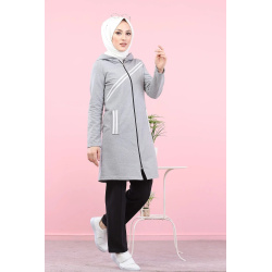 Veste sweat longue à capuche pour hijab sport - Couleur gris clair