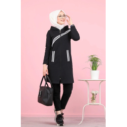 Veste sweat longue à capuche pour femme (Hijab sport en ligne) - Couleur noir