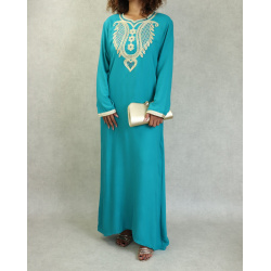 Robe orientale pour femme avec broderie dorée et strass multicouleur - Couleur Vert...