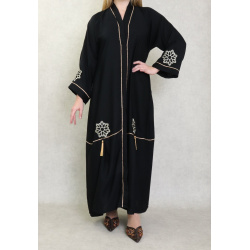 Robe Abaya Dubaï noire de qualité avec strass dorés et broderies