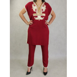 Jabador femme avec broderies - Deux pièces tunique et pantalon - Couleur bordeaux