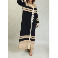 Robe longue arabe style oriental à capuche brodée avec strass pour femme - Couleur Noir
