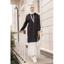 Robe longue à capuche effet plissée pour soeur voilée - Couleur noir et blanc