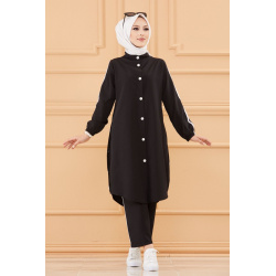 Ensemble casual moderne noir : Tunique boutonnée - chemise longue et son pantalon -...