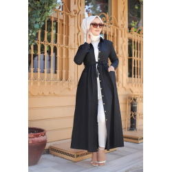 Robe chemise longue avec ceinture et grandes poches - Couleur noir