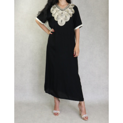 Long oriental dress with traditional Japanese embroidery-Black color