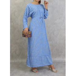 Long cotton dress with white stripes - Blue color