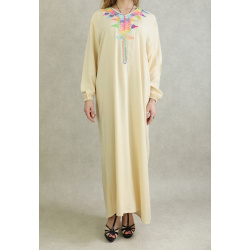 Long-sleeved fluid dress with multicolored embroidery for women - Beige color