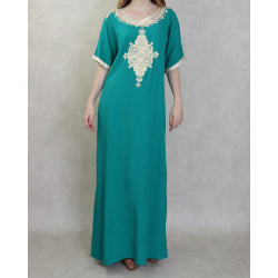 Robe tunisienne d'été longue manches courtes avec broderies - Couleur Vert émeraude