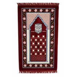 Tapis de prière musulman pour adulte bordeaux motifs Kaaba et fleurs multicolores