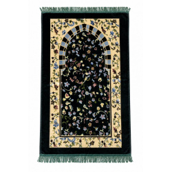 Tapis de prière musulman pour adulte vert avec motifs fleurs multicolores