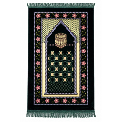 Tapis de prière musulman pour adulte vert motifs Kaaba et fleurs multicolores