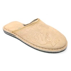 Moroccan craft slippers for men in beige leather with rounded toe decorated with sewn...